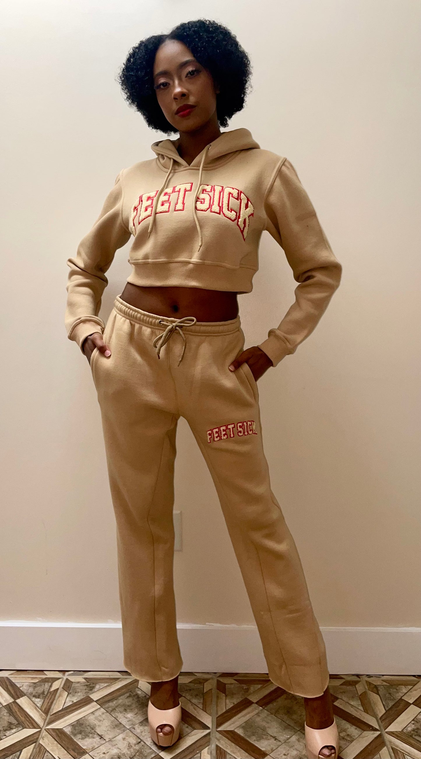 Tan and Grey Cropped Hoodie Sweatsuits