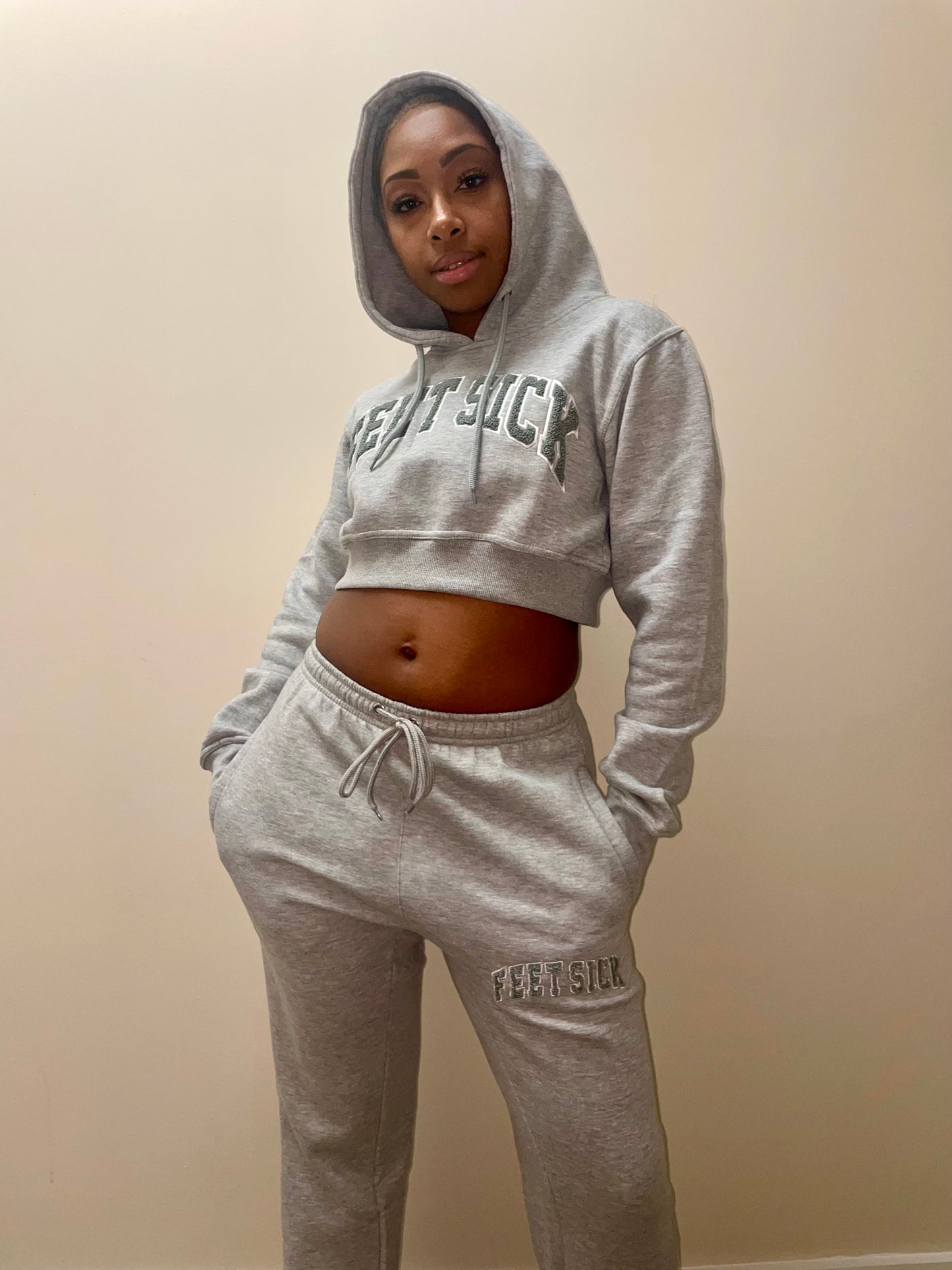 Tan and Grey Cropped Hoodie Sweatsuits