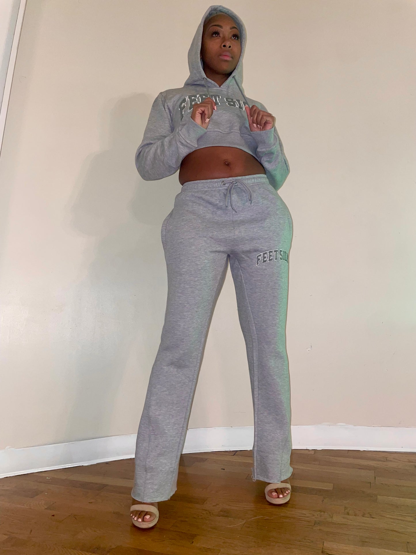 Tan and Grey Cropped Hoodie Sweatsuits